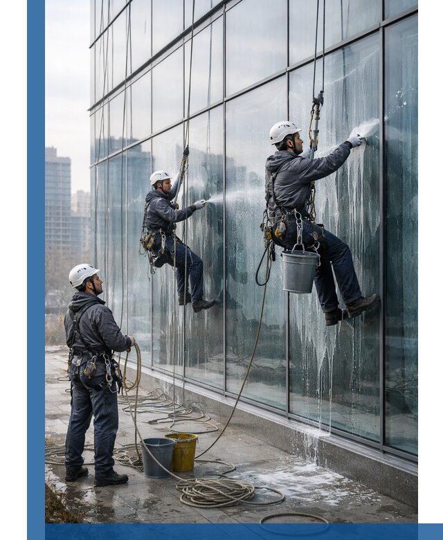 Промышленная мойка панорамных окон на высоте в Ишиме