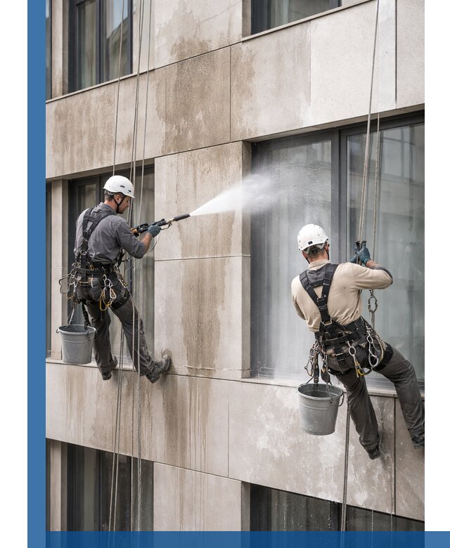 Послестроительная мойка фасада промышленным альпинизмом в Ишиме