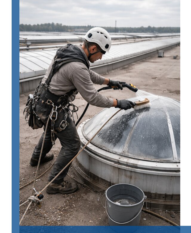 Мойка зенитных фонарей на кровле для промышленных объектов в Ишиме