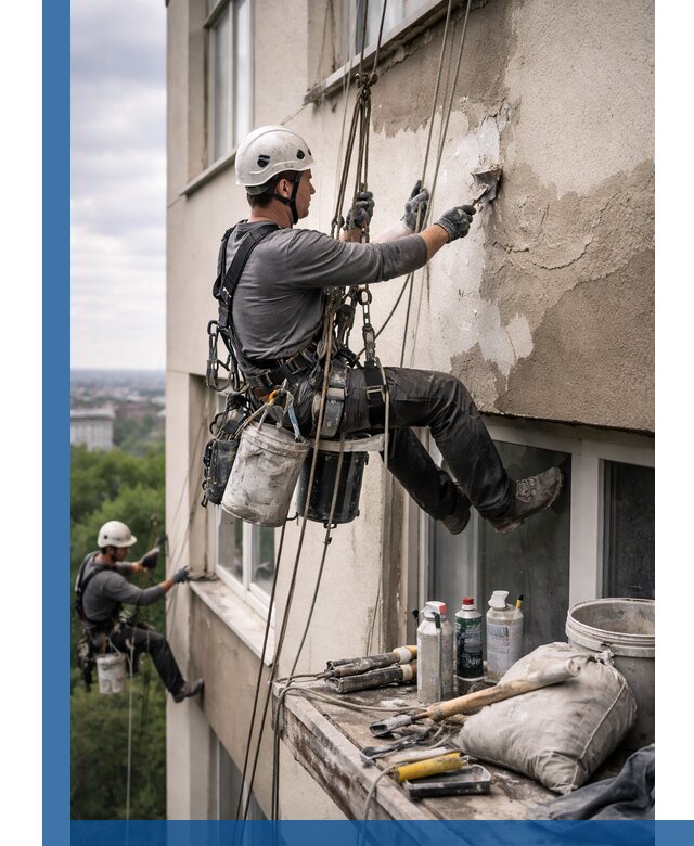 Косметический ремонт фасада зданий в Ишиме промышленными альпинистами
