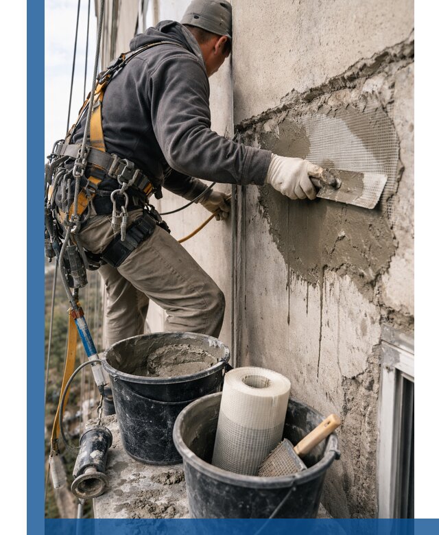 Ремонт бетонных элементов фасада промышленными альпинистами в Ишиме