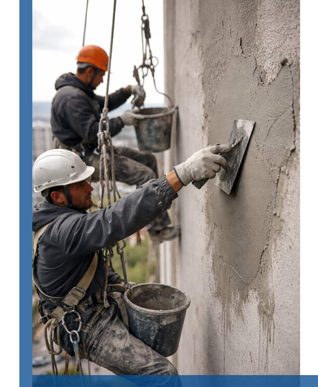 Штукатурка фасада на высоте в Ишиме профессиональные работы