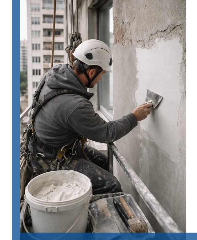 Шпаклевка фасадов на высоте с промальпинистами в Ишиме