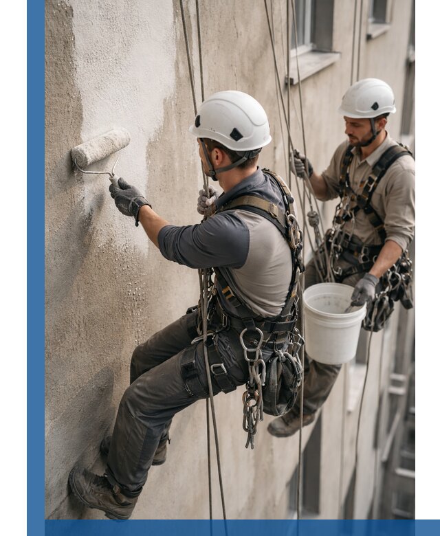 Грунтовка фасада на высоте в Ишиме промышленными альпинистами