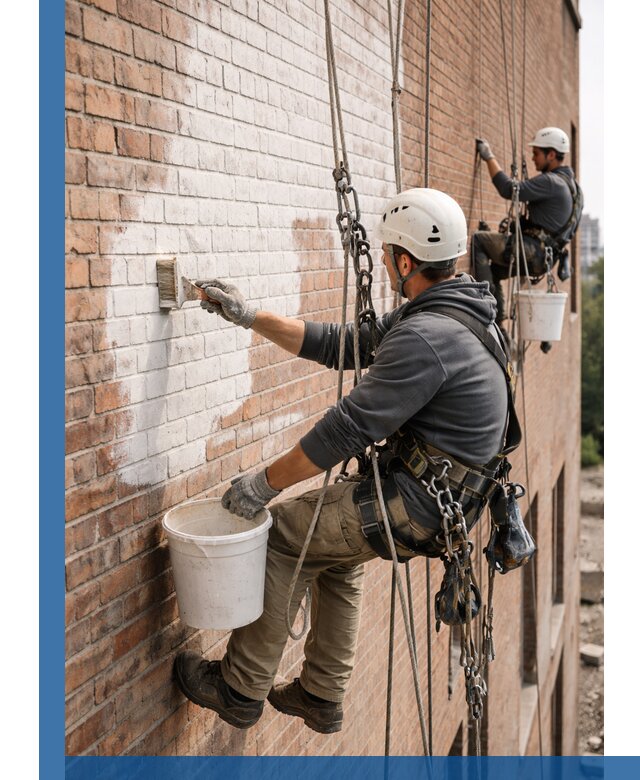 Покраска кирпичного фасада с доступным альпинистским сервисом в Ишиме