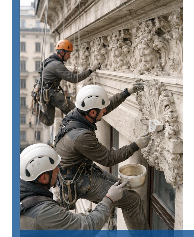 Реставрация фасадной лепнины с высотными работами в Ишиме