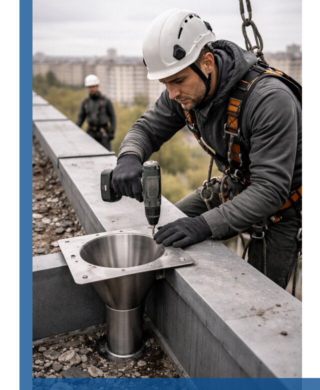 Монтаж водосточных воронок в Ишиме для промышленных зданий