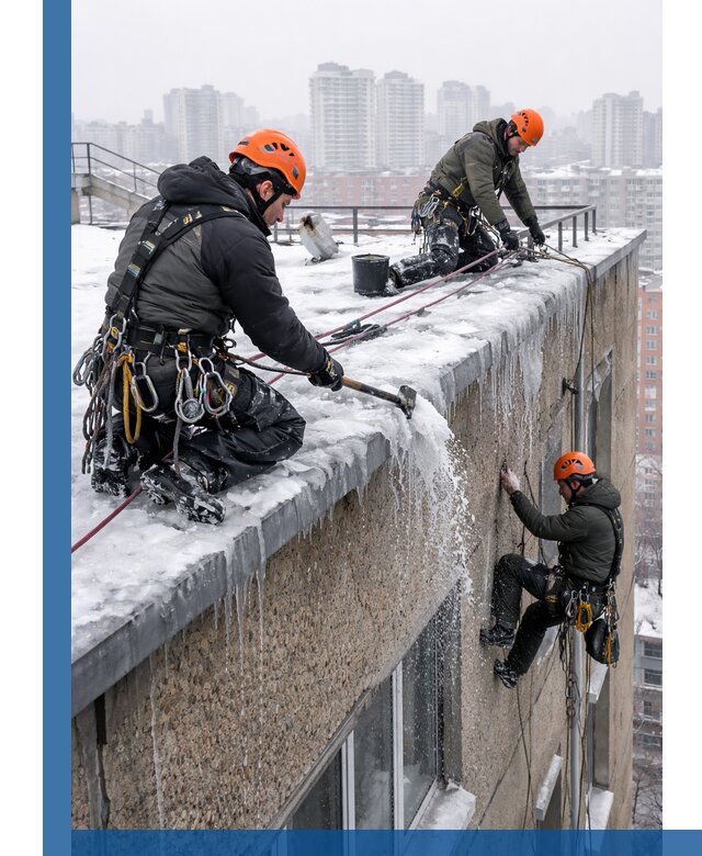 Удаление наледи с кровли в Ишиме промышленными альпинистами