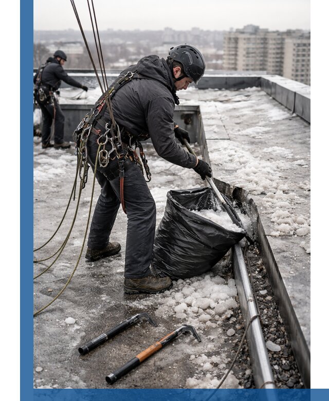 Аварийная очистка кровли в Ишиме от промальпинистов