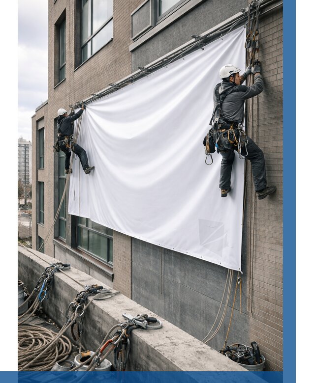 Монтаж баннеров на фасаде в Ишиме от 676 р. заказать ВЫСОТНИК-Шм