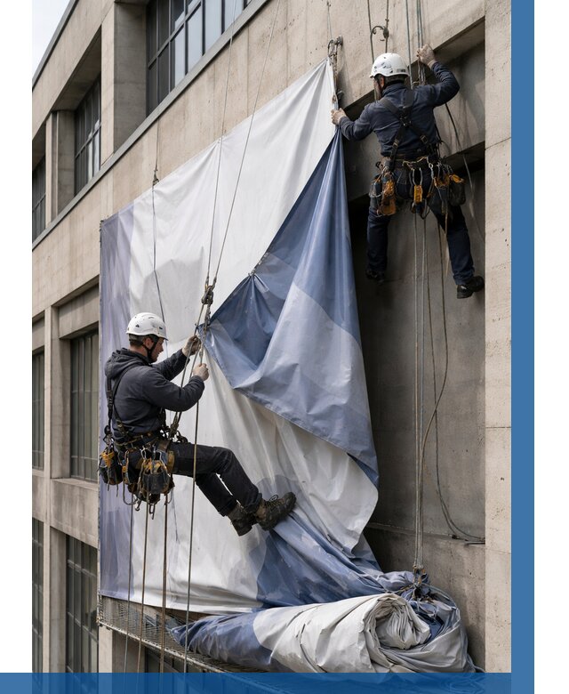 Демонтаж баннеров с фасада в Ишиме от 4677 р. | ВЫСОТНИК-Шм