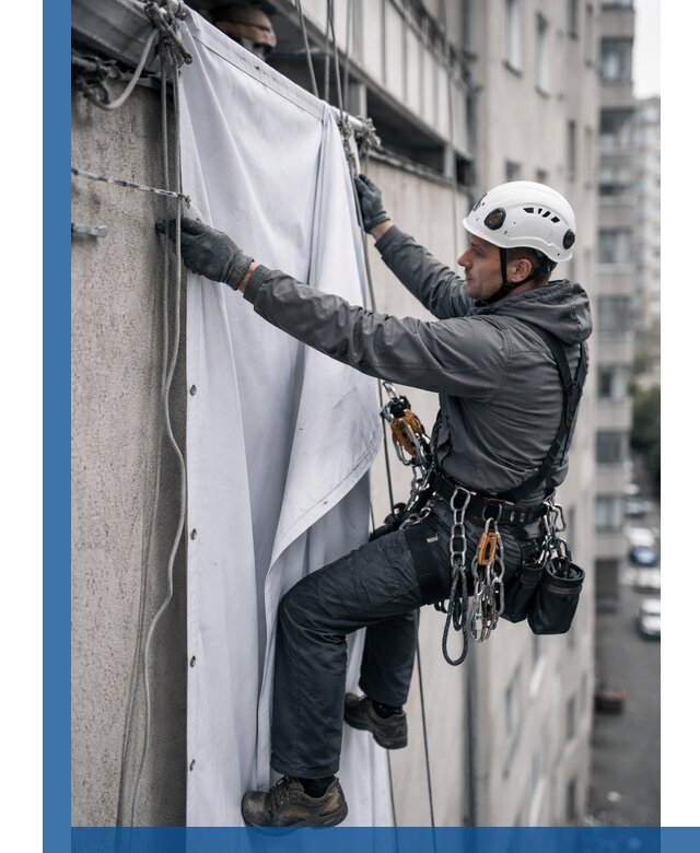 Замена баннерного полотна промышленными альпинистами в Ишиме