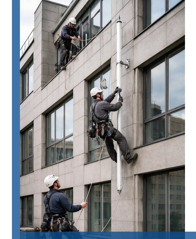 Монтаж флагштока на фасаде здания с креплением и герметикой в Ишиме