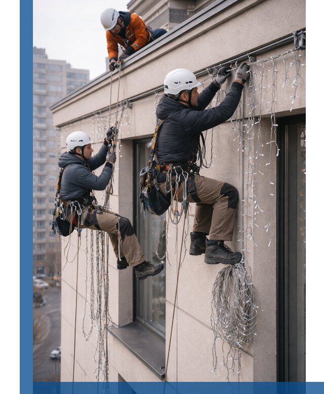 Монтаж праздничных гирлянд на фасаде в Ишиме для зданий