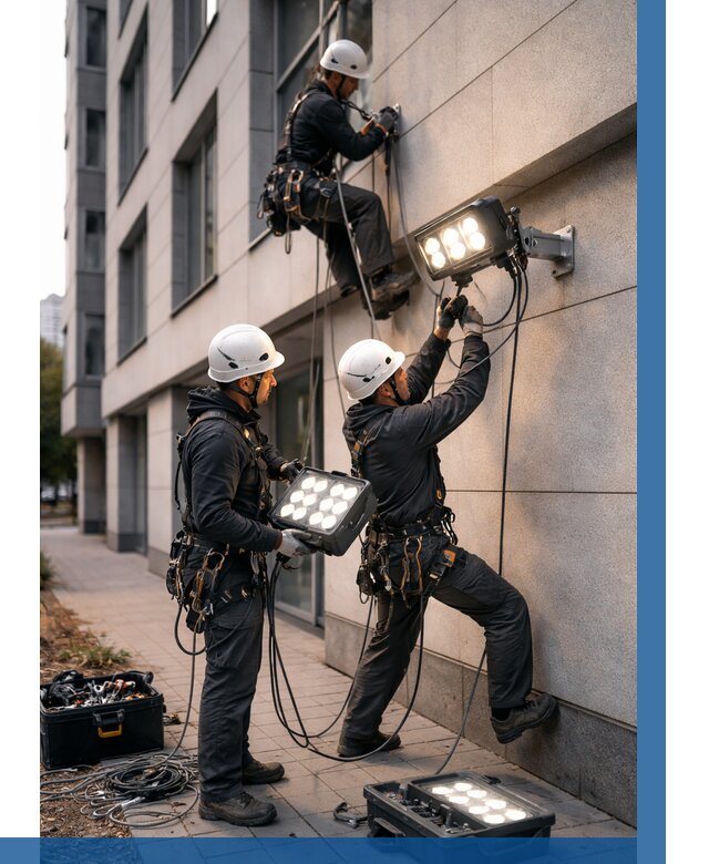 Монтаж прожекторов на фасаде в Ишиме от 7795 р. | ВЫСОТНИК-Шм