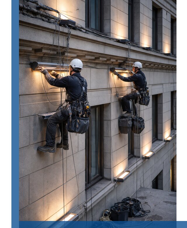 Монтаж архитектурной подсветки фасадов зданий в Ишиме