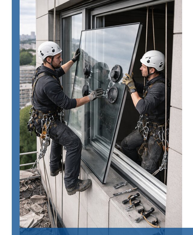 Замена стеклопакетов на высоте с промышленными альпинистами в Ишиме