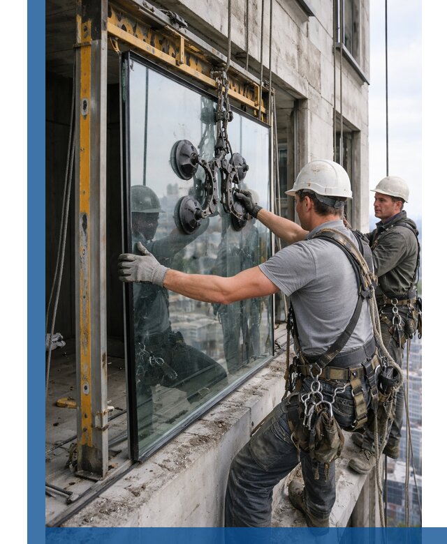 Монтаж стеклопакетов на высоте в Ишиме с промышленным альпинизмом