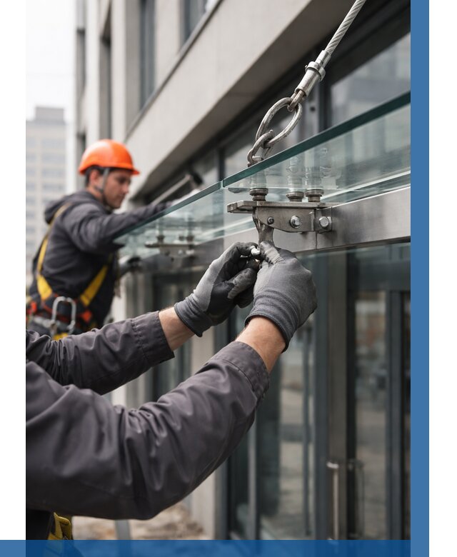 Монтаж стеклянных козырьков в Ишиме от 8834 р. | ВЫСОТНИК-Шм