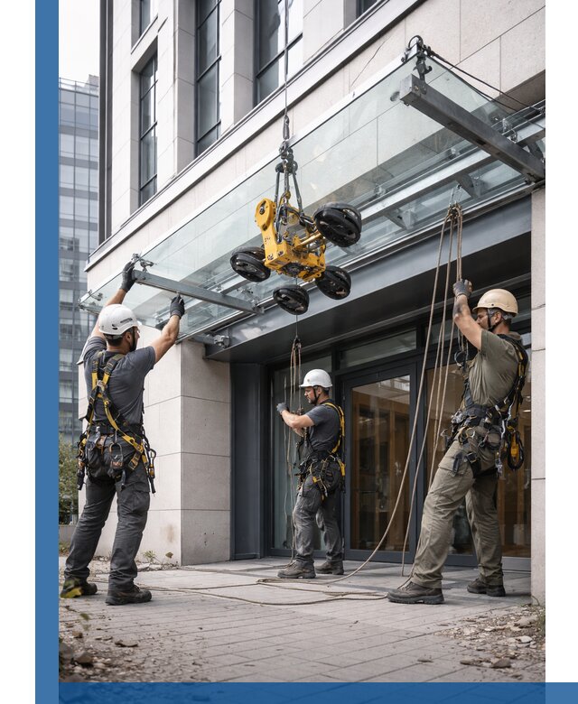 Монтаж стеклянных козырьков под ключ в Ишиме для зданий