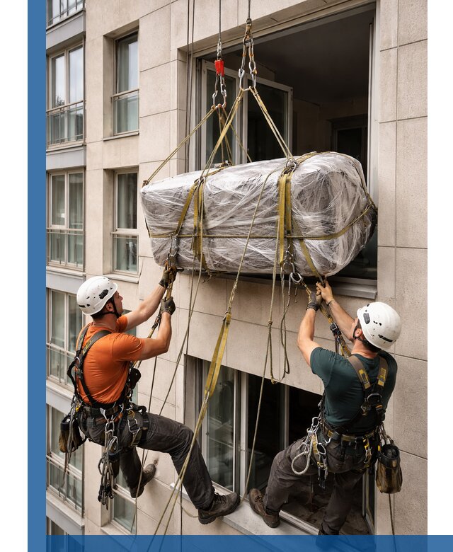 Подъем грузов через окно в Ишиме промышленными альпинистами