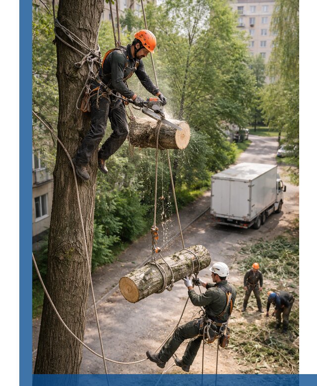 Спил деревьев альпинистами в Ишиме, безопасно и без повреждений