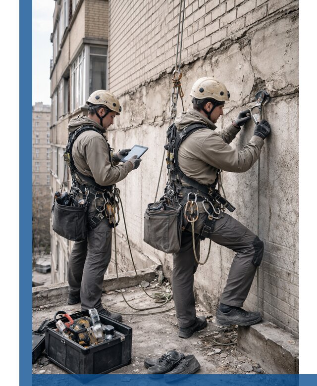 Обследование фасада промышленными альпинистами в Ишиме